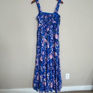 Eliza J Blue Pink Floral Tiered Maxi Dress 6 Smocked Back Spring Summer